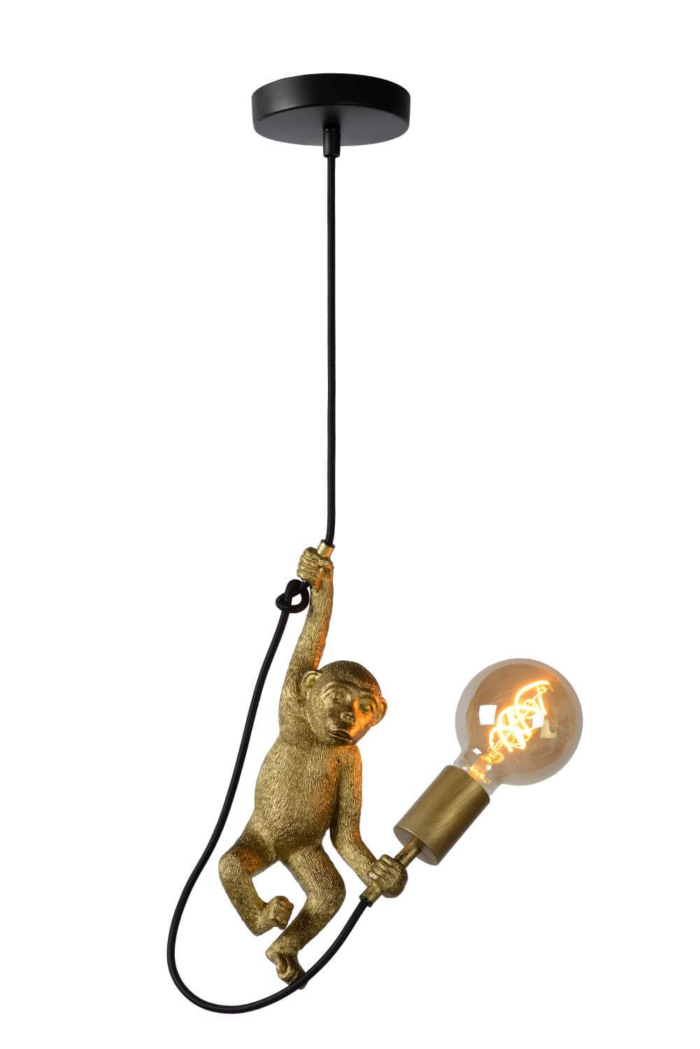 Produit sur fond blanc, suspension complète avec singe doré et ampoule à filament