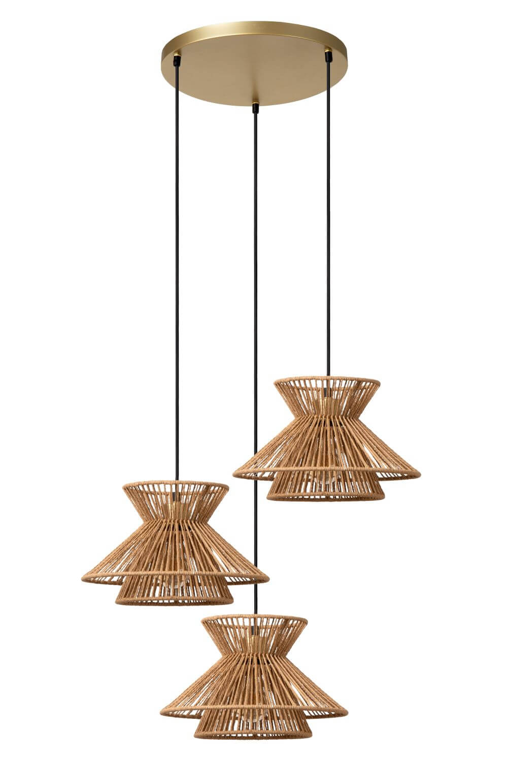 Vue d’ensemble de la suspension trois lumières avec câbles noirs et platine dorée.