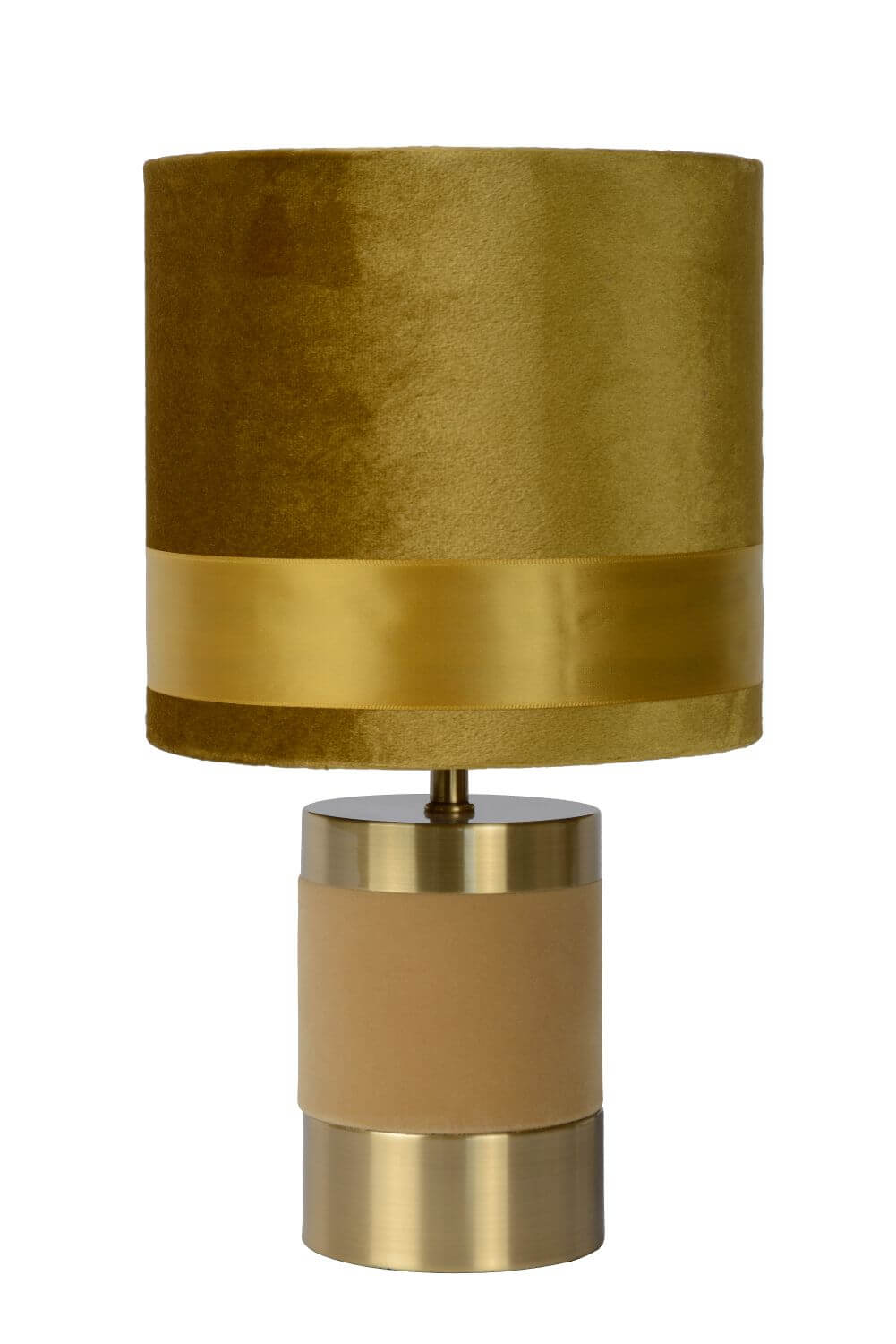 Vue de face de la lampe éteinte, abat-jour texturé et base dorée