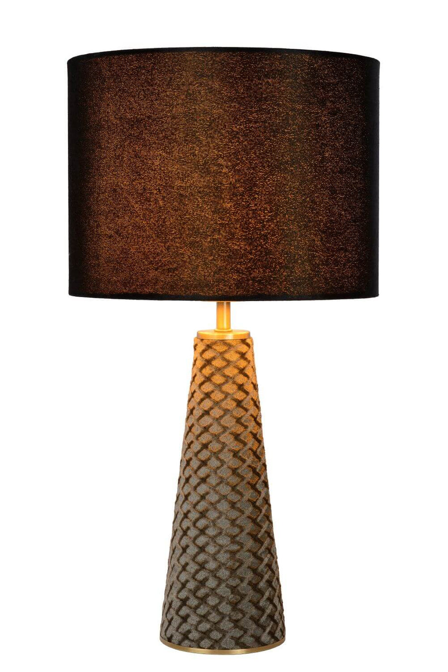 Photo produit sur fond blanc, lampe à poser avec abat-jour rond et base conique.