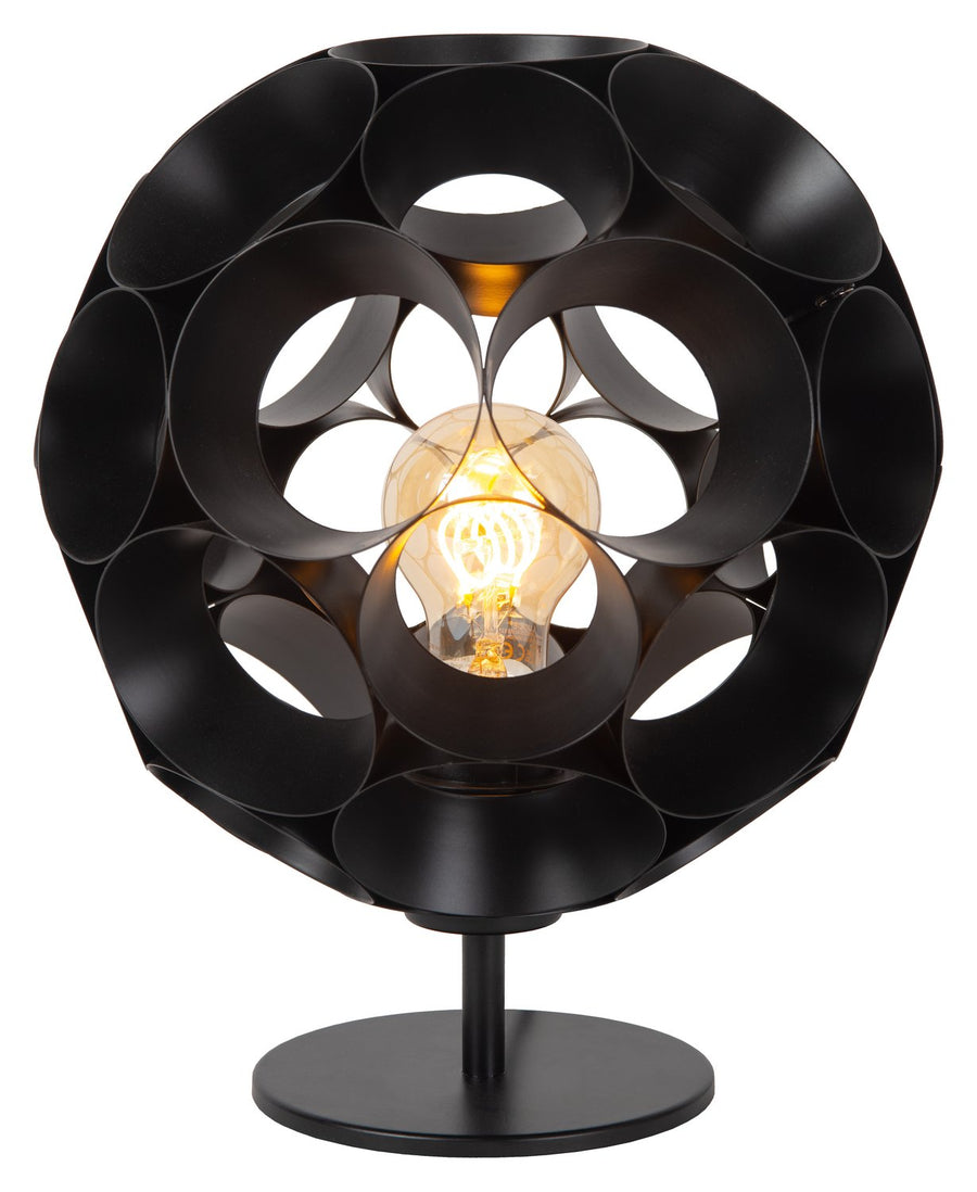 Lampe à poser noire de face, sphère ajourée en métal laissant voir l'ampoule
