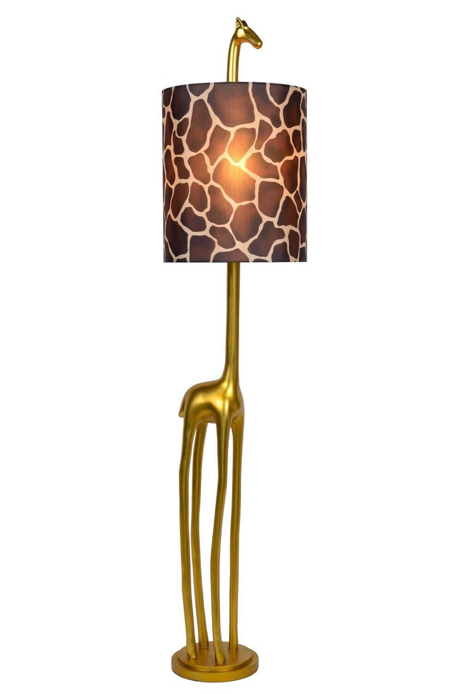 Lampadaire entier sur fond blanc, structure girafe dorée et abat-jour allumé.