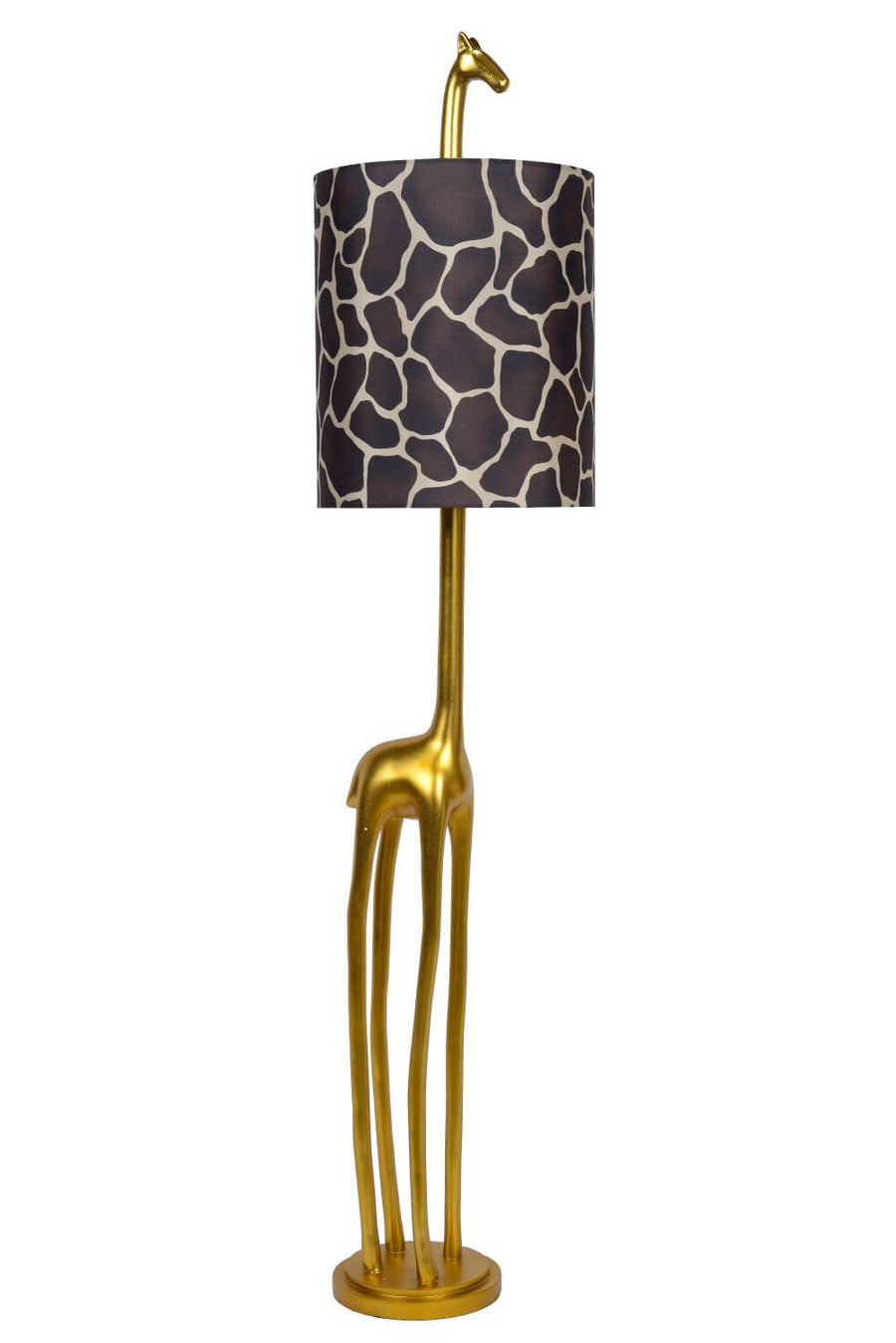 Vue de profil du lampadaire girafe doré, abat-jour marron à motif, sur fond neutre.