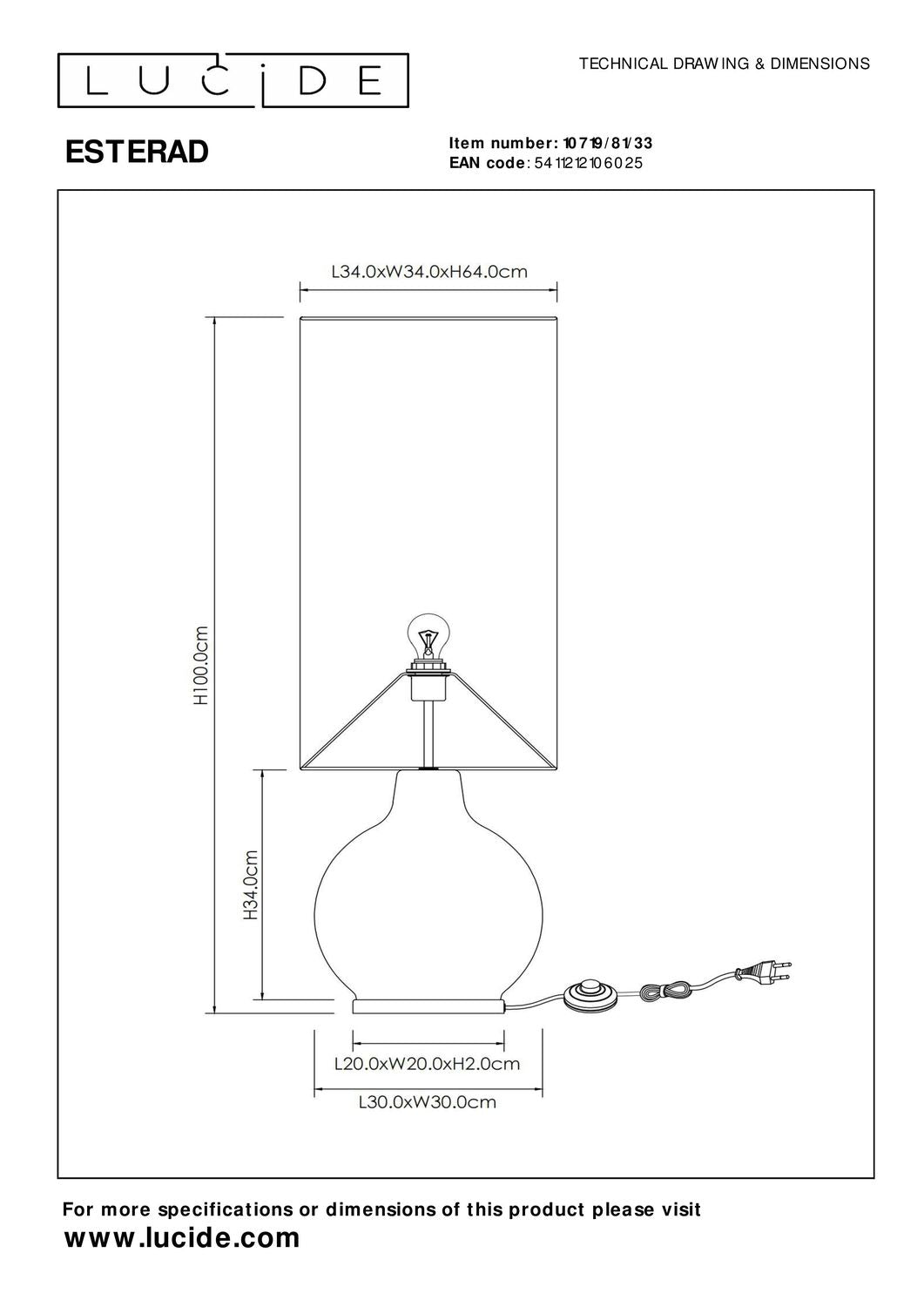 Schéma technique coté du lampadaire avec hauteur et dimensions de l'abat-jour.