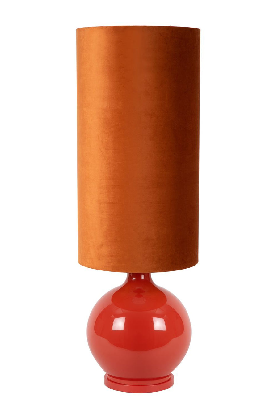 Autre vue du lampadaire, montrant la base sphérique rouge et l'abat-jour.