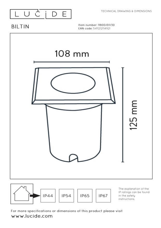 Schéma technique avec dimensions du luminaire : 108 mm par 125 mm.