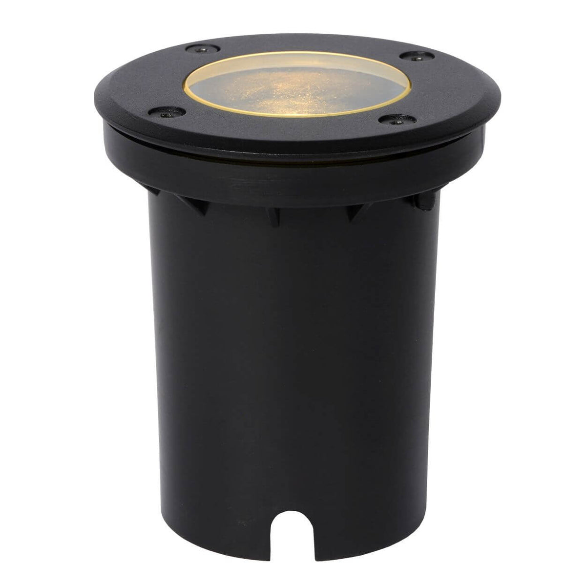 Produit de trois quarts sur fond blanc, corps cylindrique noir, verre et vis apparentes