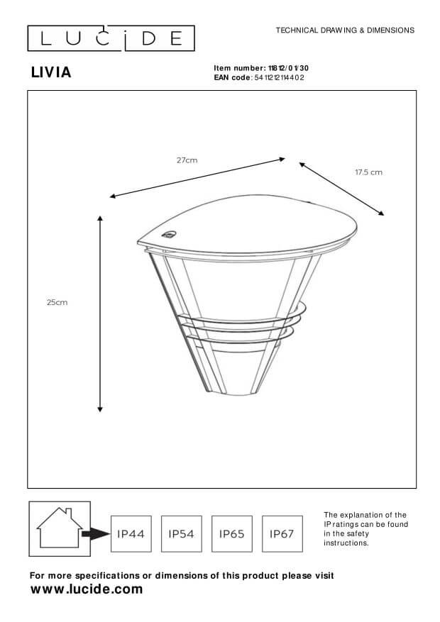 Schéma technique coté de l'applique avec ses dimensions et l'indice IP44.