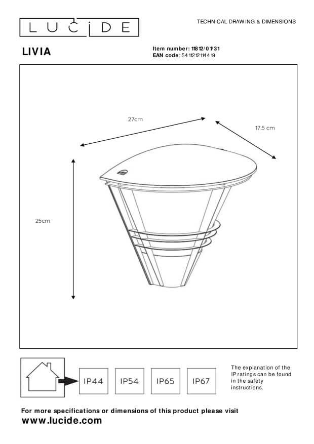 Schéma technique coté du luminaire extérieur blanc avec dimensions et indice IP44.