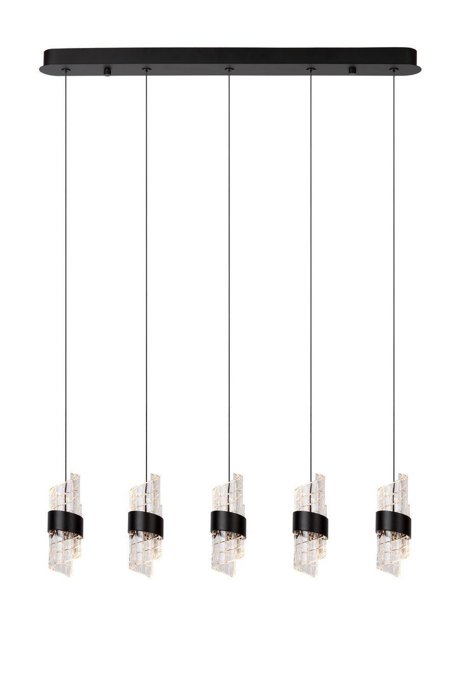 Vue de face du luminaire complet avec sa barre de fixation noire et ses cinq suspensions.
