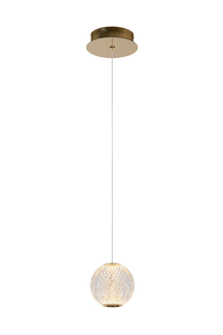 Vue de face de la suspension avec diffuseur sphérique en verre et finition dorée.