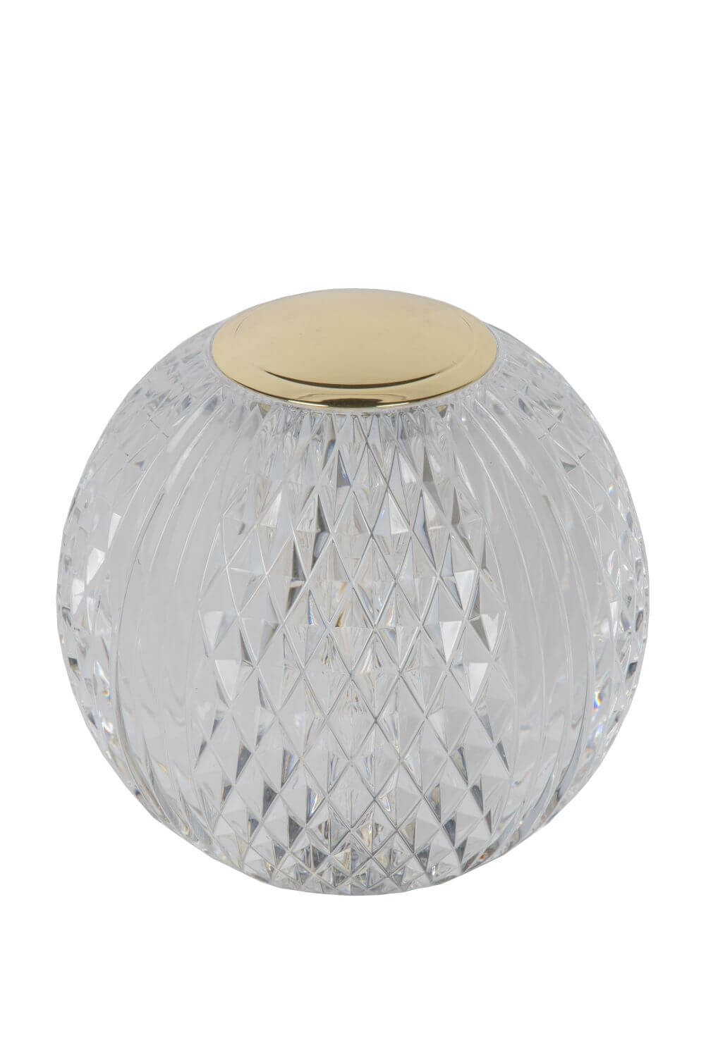 Luminaire éteint, gros plan sur la sphère en verre transparent à motifs losanges.