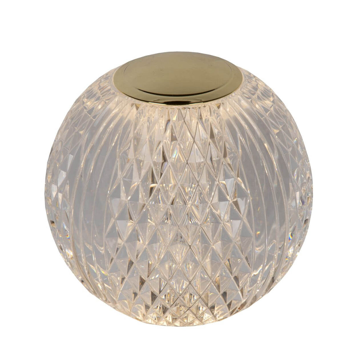 Produit de face sur fond blanc, verre transparent diamanté et couvercle doré.
