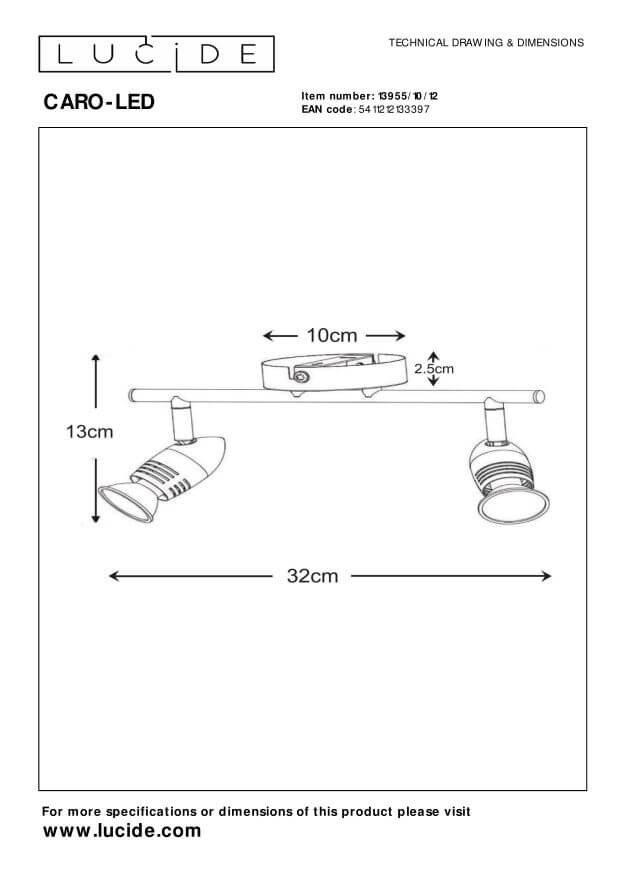 Schéma technique coté du luminaire avec dimensions : largeur 32 cm et hauteur 13 cm.