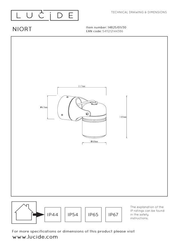 Schéma technique coté du luminaire Niort avec dimensions et indice de protection IP44.