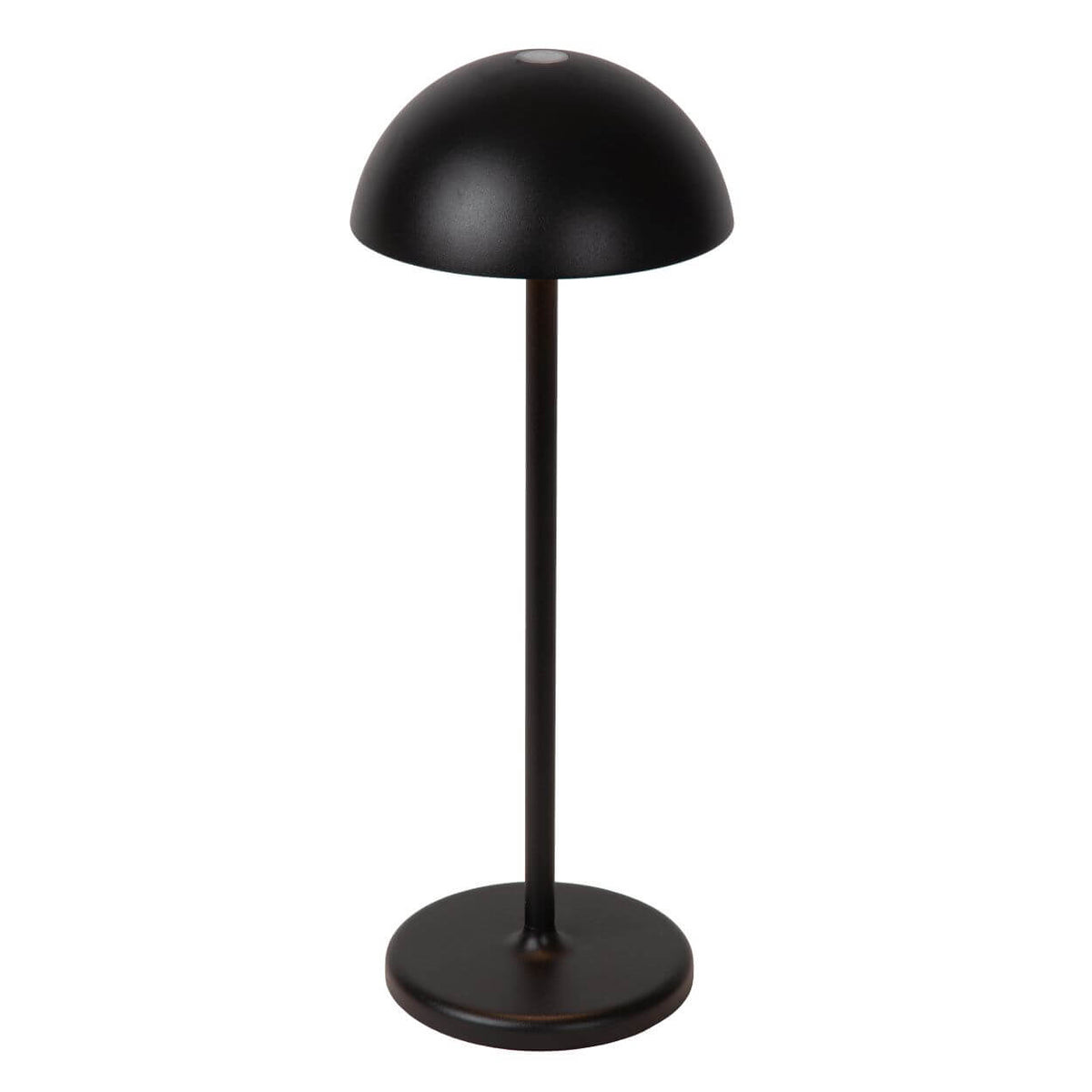 Vue en légère plongée du luminaire noir, socle circulaire et tige centrale visibles.