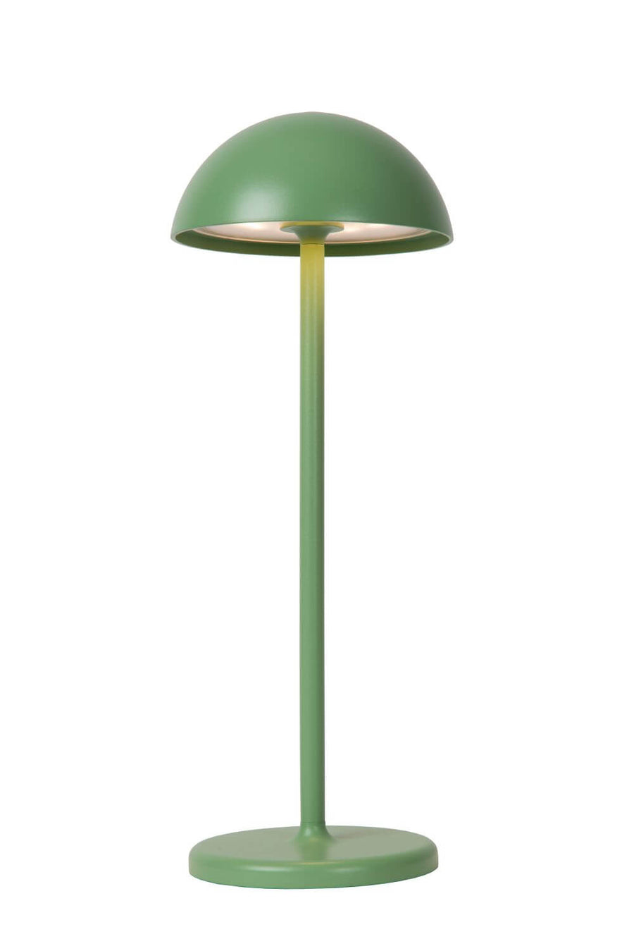 Vue de face du luminaire vert avec dôme bombé, pied central et embase plate