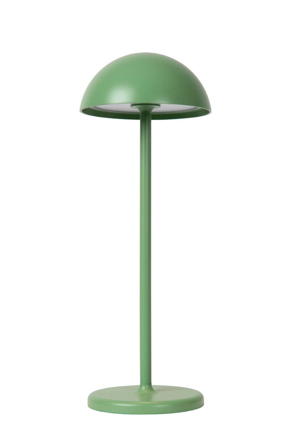 Vue de trois quarts du lampadaire vert avec dôme, tige et socle circulaire