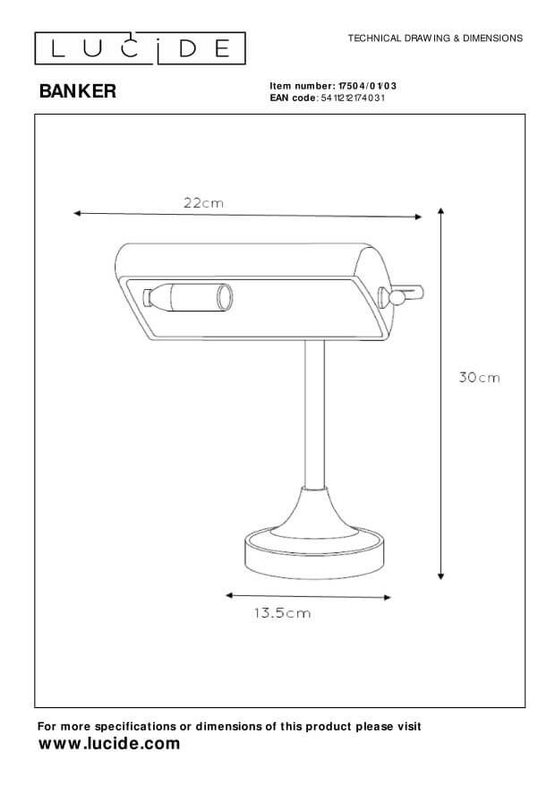 Schéma technique coté de la lampe, avec largeur, hauteur et base en centimètres.