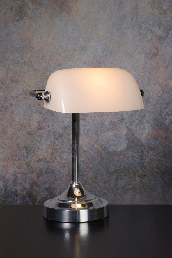 Lampe de bureau Banker chromée et blanche, verre