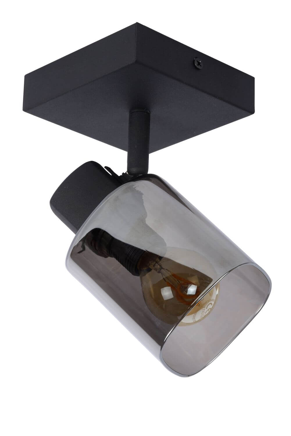 Vue de profil du plafonnier noir, verre fumé transparent, ampoule éteinte sur fond blanc