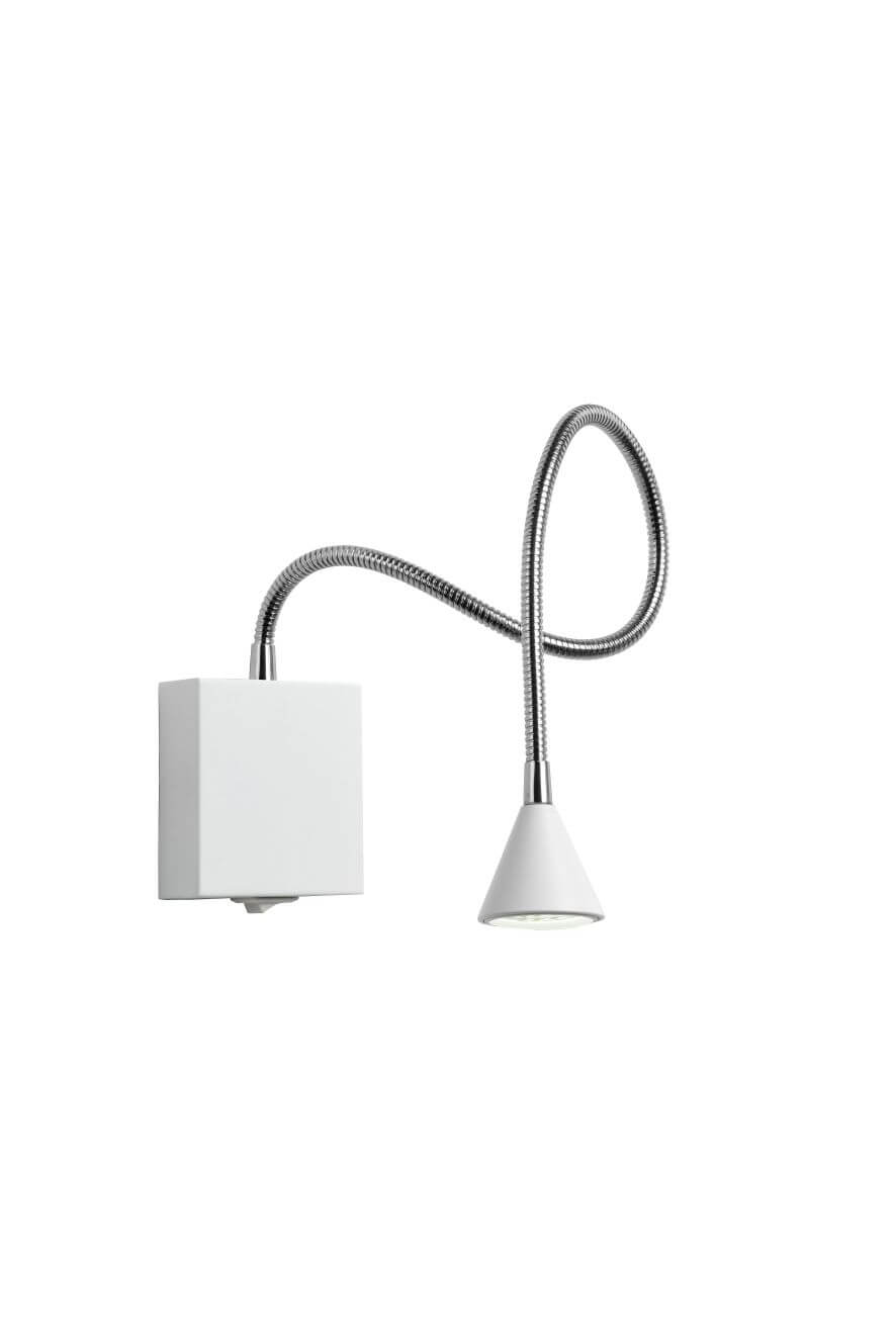 Luminaire au bras formant une grande boucle, tête blanche orientée vers le sol