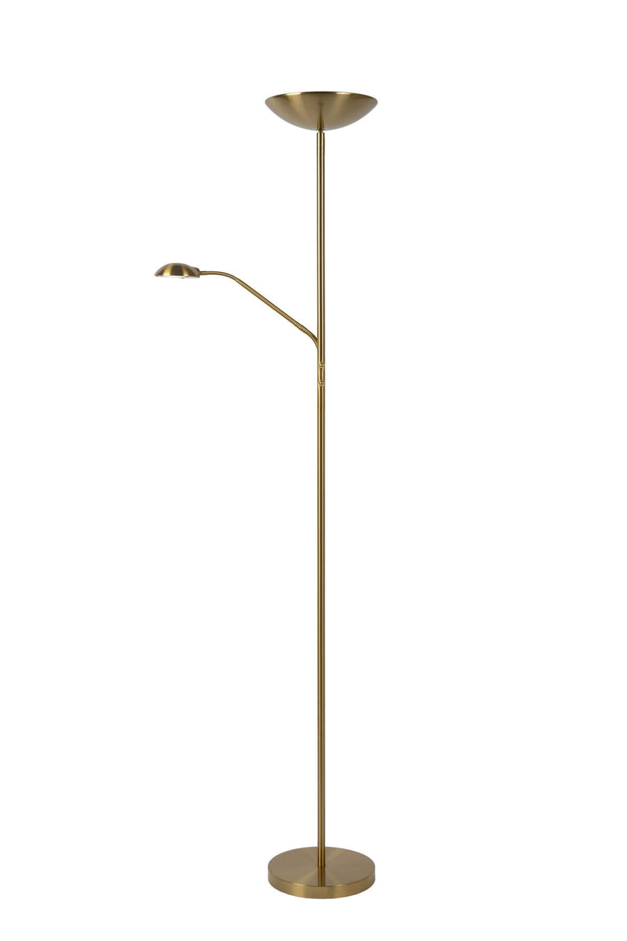 Photo produit du lampadaire doré sur fond blanc, pied rond et tige fine