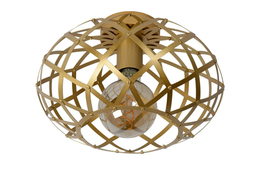Autre angle du plafonnier doré mat, cage en losanges et ampoule visible