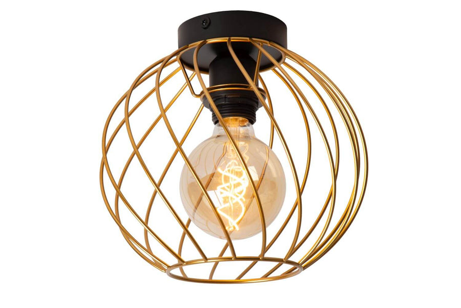 Vue rapprochée du luminaire montrant l'ampoule filament allumée dans sa cage