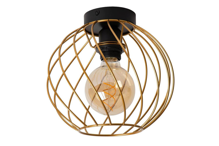 Luminaire présenté de face sur fond blanc, ampoule à filament doré visible