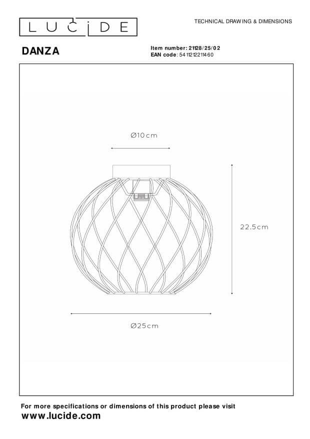Schéma technique coté indiquant un diamètre de 25 cm et 22,5 cm de hauteur