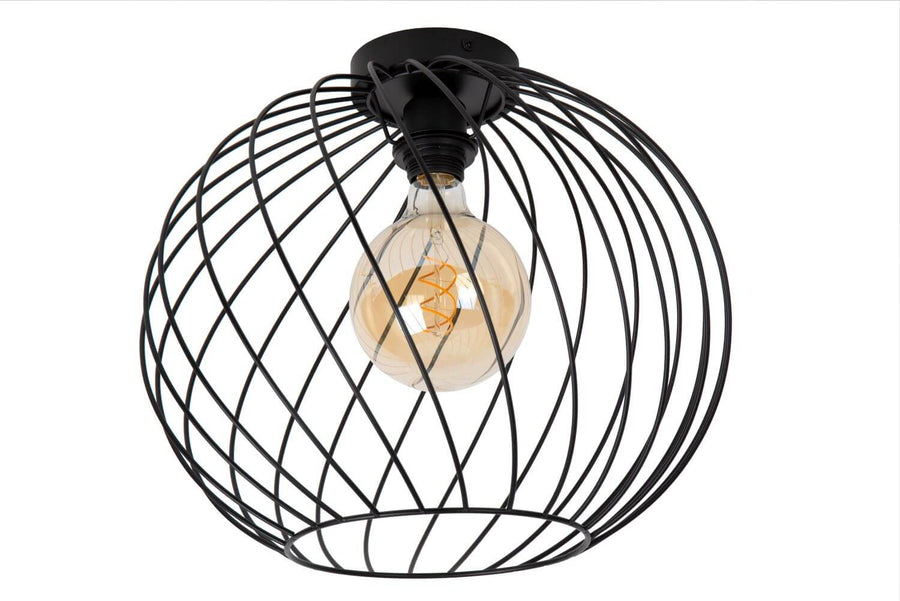 Vue de trois quarts du luminaire, mettant en valeur l'ouverture inférieure de la cage