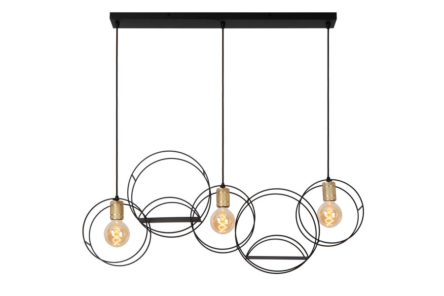 Vue de face du luminaire suspendu, structure filaire noire et trois ampoules allumées.