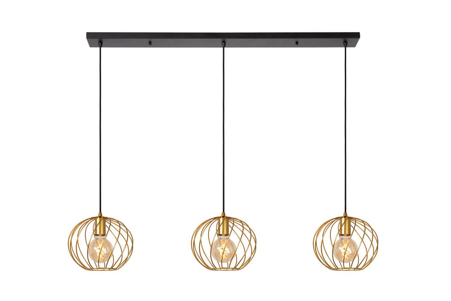 Vue d'ensemble du luminaire suspendu noir et doré avec ses trois abat-jours