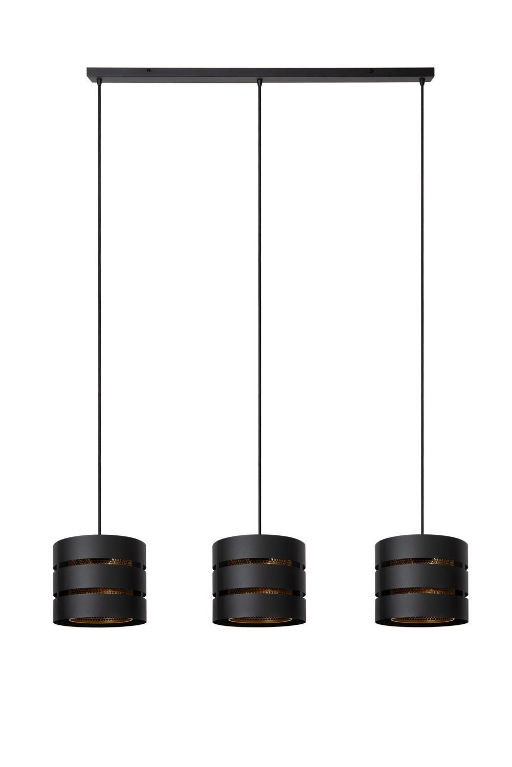 Trois suspensions cylindriques noires alignées sous une longue barre rectangulaire.
