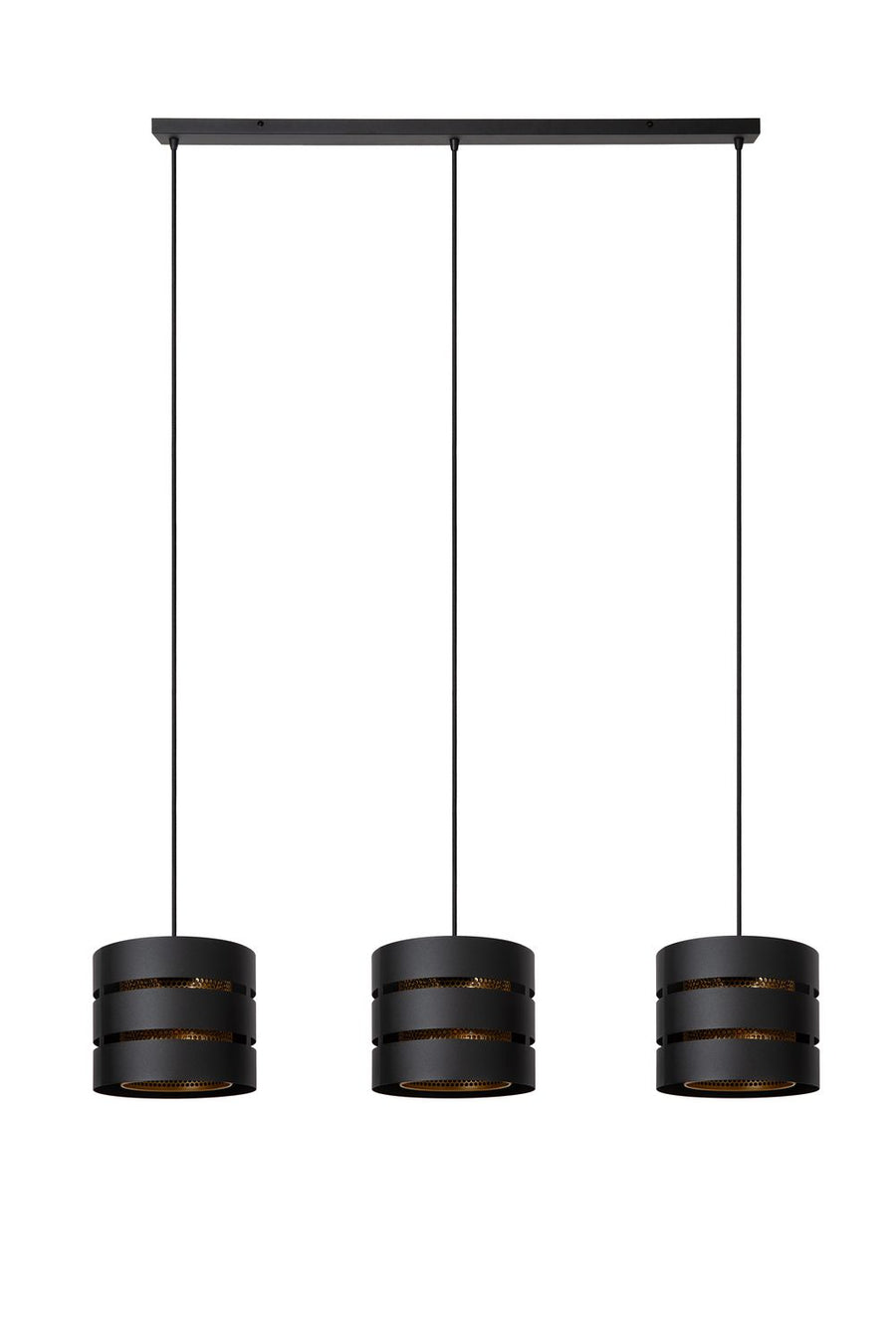 Trois suspensions cylindriques noires alignées sous une longue barre rectangulaire.