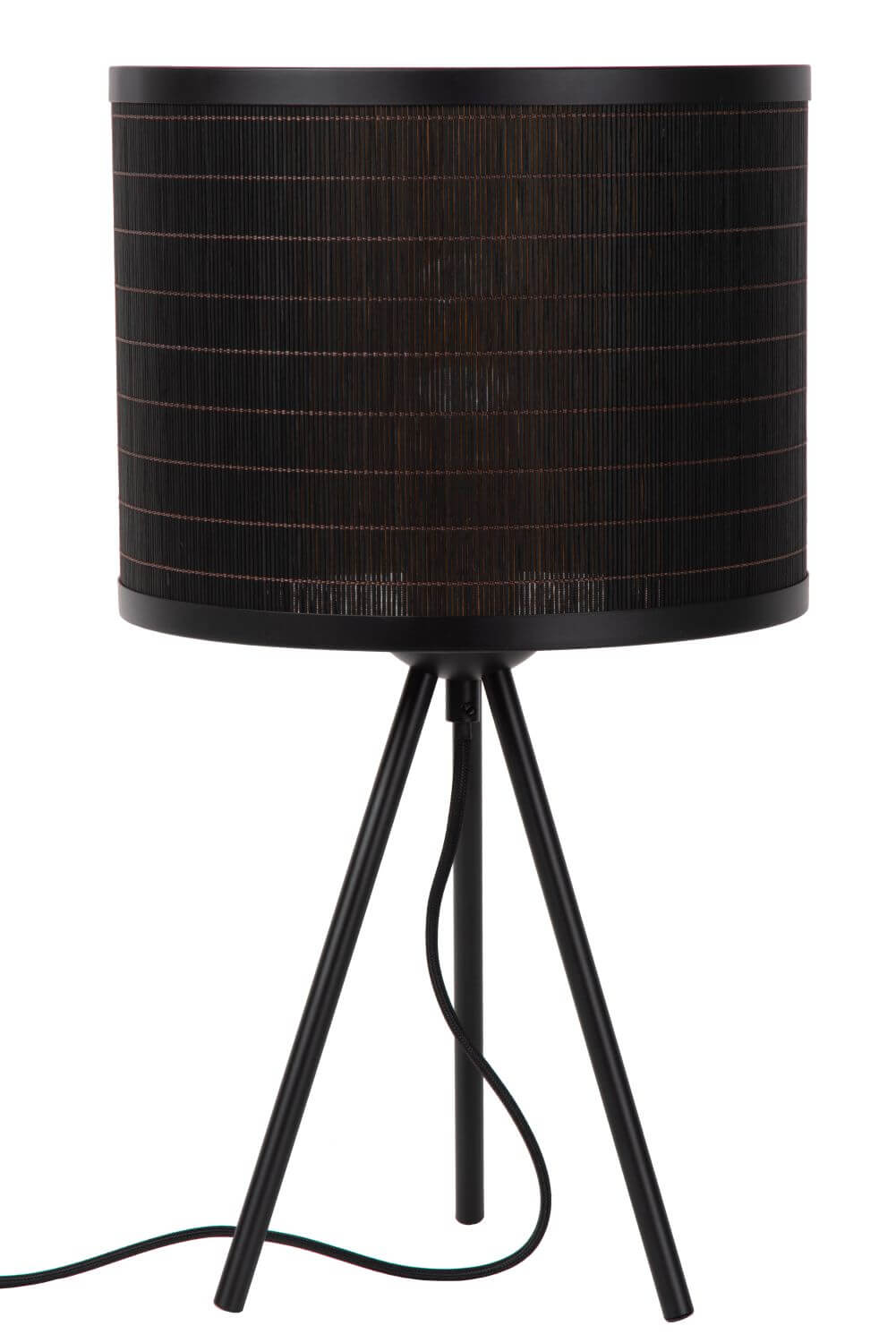 Lampe à poser éteinte vue de face, montrant le socle tripode et le câble d’alimentation noirs.