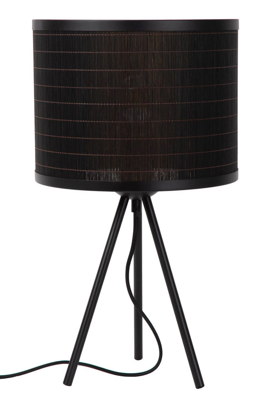Lampe à poser éteinte vue de face, montrant le socle tripode et le câble d’alimentation noirs.