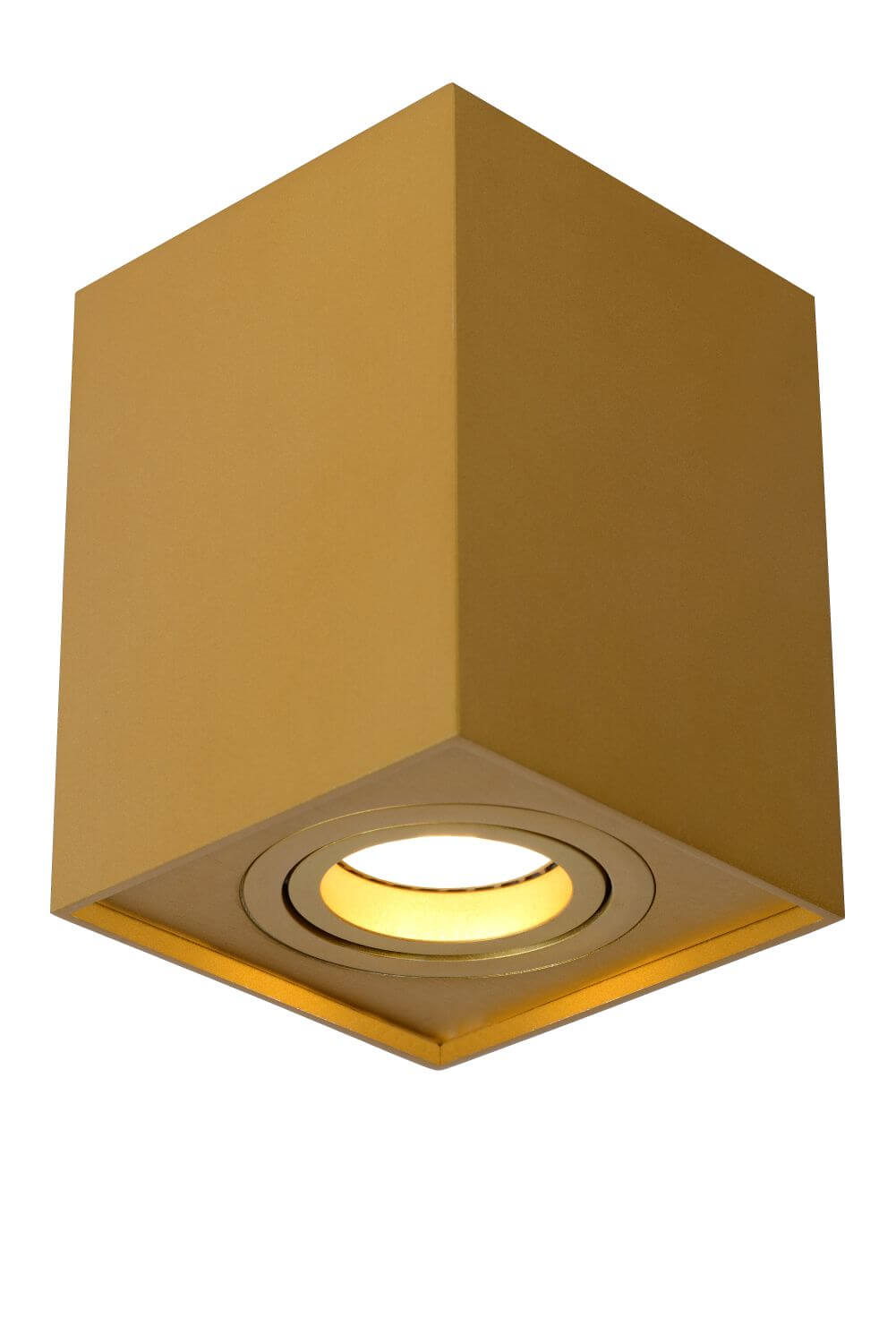 Produit seul sur fond blanc, plafonnier carré doré mat avec source lumineuse centrale