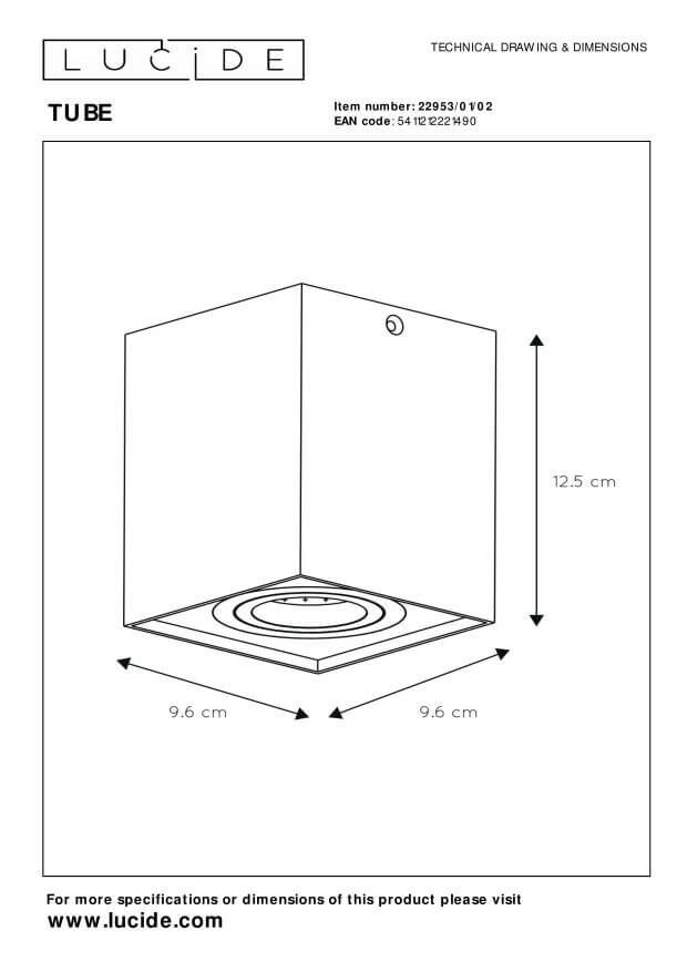 Schéma technique coté du plafonnier carré avec dimensions 9,6 cm par 9,6 cm et 12,5 cm