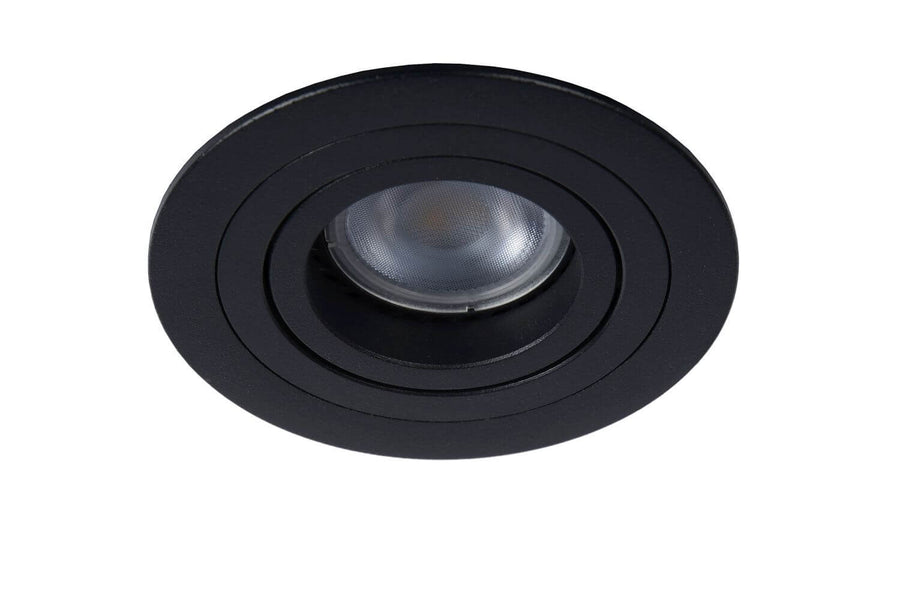 Spot encastré noir éteint vu de trois-quarts, lentille LED transparente visible