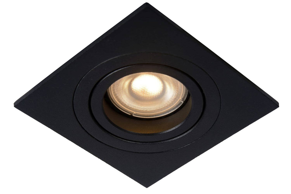 Vue de face du spot carré noir orientable, ampoule allumée