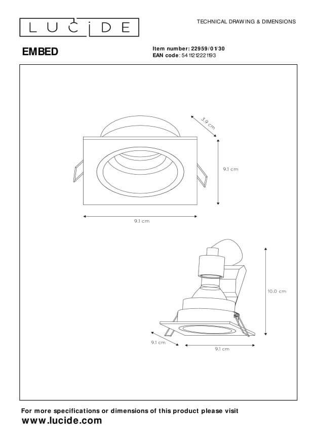 Schéma technique coté du spot encastrable avec dimensions et vues de dessus et de profil.