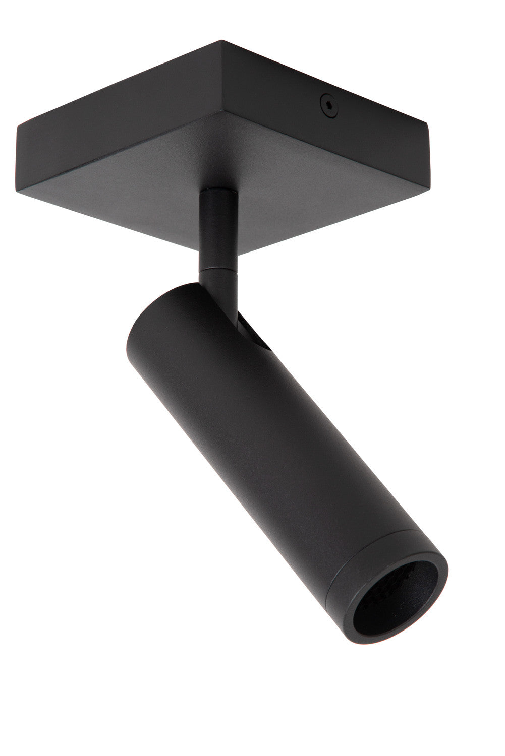 Spot orientable noir éteint, tête cylindrique et platine carrée de fixation au plafond.