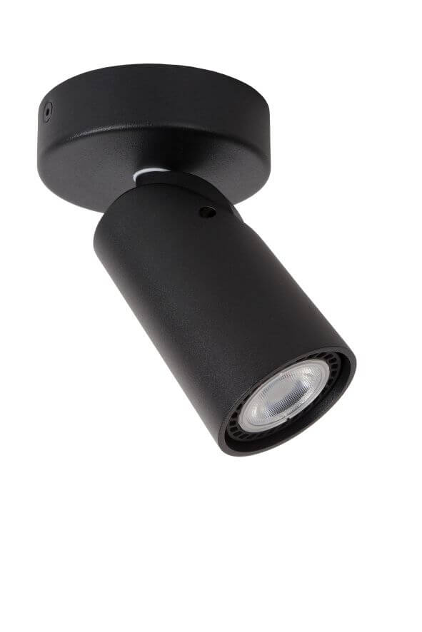 Autre angle du spot cylindrique noir mat orienté vers le bas sur fond blanc