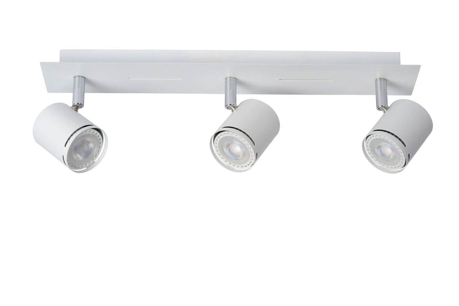 Vue produit du plafonnier éteint, trois projecteurs cylindriques blancs sur barre chromée