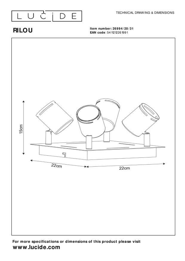 Schéma technique coté : platine carrée 22 cm et hauteur totale 15 cm