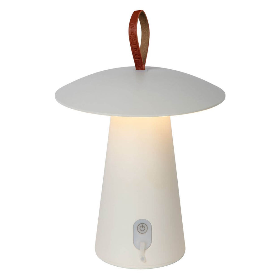 Produit de face sur fond blanc, lampe blanche avec anse en cuir rouge et bouton d'allumage.