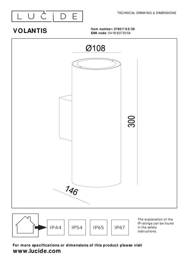 Schéma technique coté : diamètre 108, hauteur 300, saillie 146, indice IP44