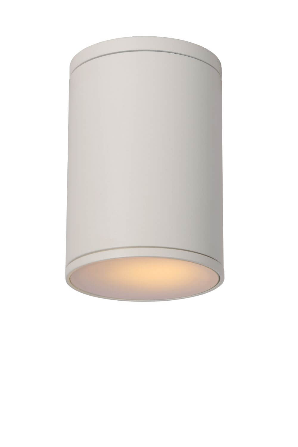 Luminaire blanc cylindrique présenté seul sur fond blanc, diffuseur allumé vers le bas.